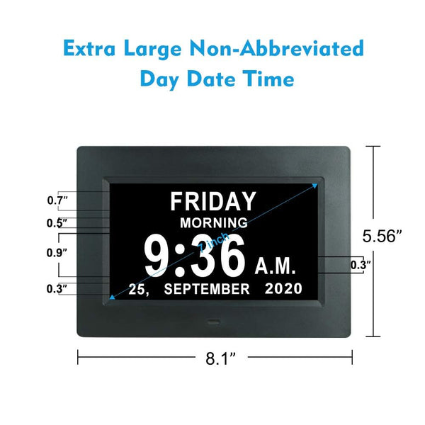 7 Inch Extra Large Day Date Time Digital Day Calendar Clock with Auto-Dimming 12 Alarm Reminders Dementia Clocks for Senior Elderly impaired Vision Memory Loss