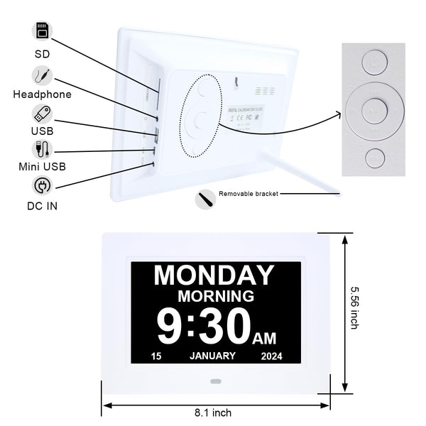 7 Inch Extra Large Day Date Time Digital Day Calendar Clock with Auto-Dimming 12 Alarm Reminders Dementia Clocks for Senior Elderly impaired Vision Memory Loss