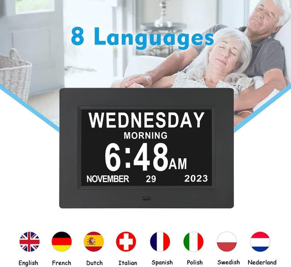 7 Inch Extra Large Day Date Time Digital Day Calendar Clock with Auto-Dimming 12 Alarm Reminders Dementia Clocks for Senior Elderly impaired Vision Memory Loss