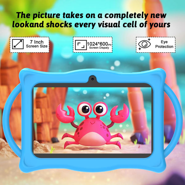Android Kids Tablet 7 inch Tablets for Kids, 4GB RAM 32GB ROM Quad Core Toddler Tablet with Shockproof Case, Parental Control, WiFi, Bluetooth, 3000mAh Battery, Dual Camera, Educational, Game, Blue
