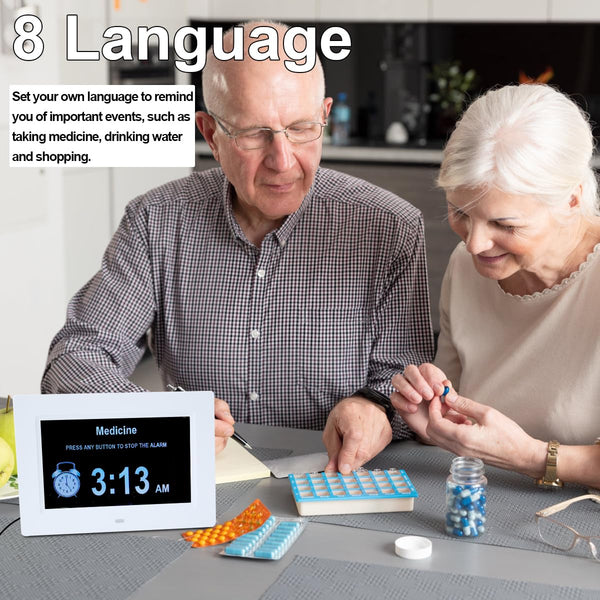 7 Inch Extra Large Day Date Time Digital Day Calendar Clock with Auto-Dimming 12 Alarm Reminders Dementia Clocks for Senior Elderly impaired Vision Memory Loss