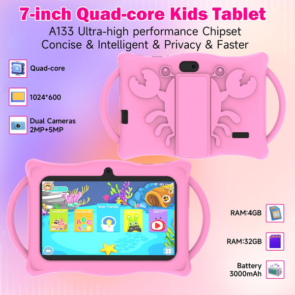 Android Kids Tablet 7 inch Tablets for Kids, 4GB RAM 32GB ROM Quad Core Toddler Tablet with Shockproof Case, Parental Control, WiFi, Bluetooth, 3000mAh Battery, Dual Camera, Educational, Game, Blue