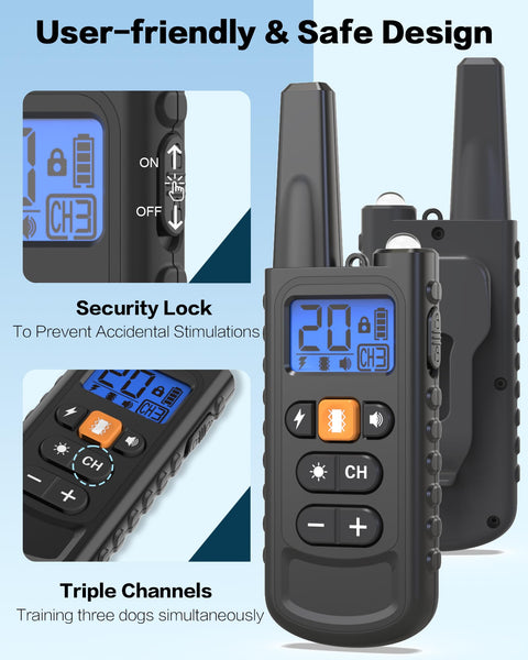 Dog Shock Collar with Remote Control for Small Medium Large Dogs, 3300FT Waterproof Rechargeable Dog Training Collar with 20 Adjustable Shock & Vibration Levels, Beep, LED Light & Safety Lock