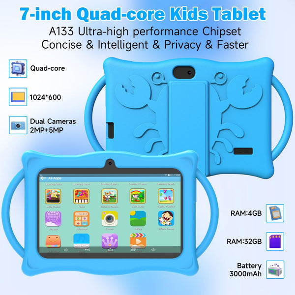 Android Kids Tablet 7 inch Tablets for Kids, 4GB RAM 32GB ROM Quad Core Toddler Tablet with Shockproof Case, Parental Control, WiFi, Bluetooth, 3000mAh Battery, Dual Camera, Educational, Game, Blue