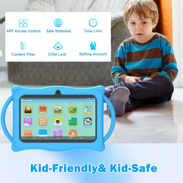 Android Kids Tablet 7 inch Tablets for Kids, 4GB RAM 32GB ROM Quad Core Toddler Tablet with Shockproof Case, Parental Control, WiFi, Bluetooth, 3000mAh Battery, Dual Camera, Educational, Game, Blue