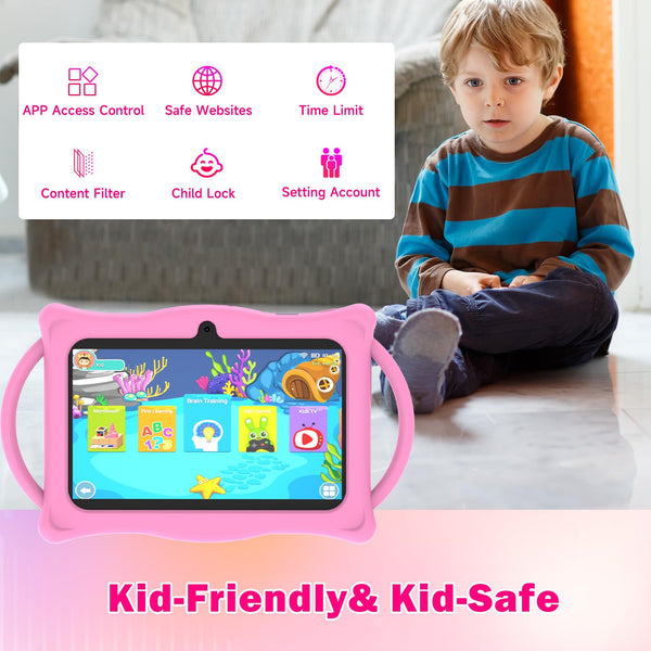 Android Kids Tablet 7 inch Tablets for Kids, 4GB RAM 32GB ROM Quad Core Toddler Tablet with Shockproof Case, Parental Control, WiFi, Bluetooth, 3000mAh Battery, Dual Camera, Educational, Game, Blue