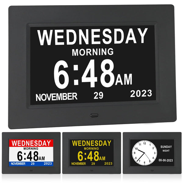 7 Inch Extra Large Day Date Time Digital Day Calendar Clock with Auto-Dimming 12 Alarm Reminders Dementia Clocks for Senior Elderly impaired Vision Memory Loss