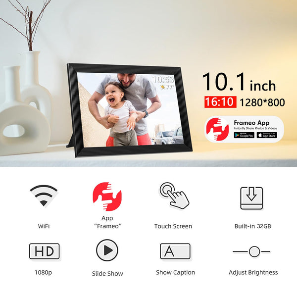 10.1 Inch Smart WiFi Digital Photo Frame 1280x800 IPS LCD Touch Screen, Auto-Rotate Portrait and Landscape, Share Moments Instantly via Frameo App from Anywhere