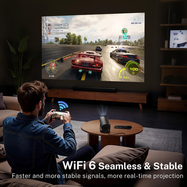 Mini Projector with Wi-Fi 6 & Bluetooth 5.4, 1080P 4K Support Full HD, Auto Keystone 360° Portable Home Cinema Smart Projector for iOS/Android X1